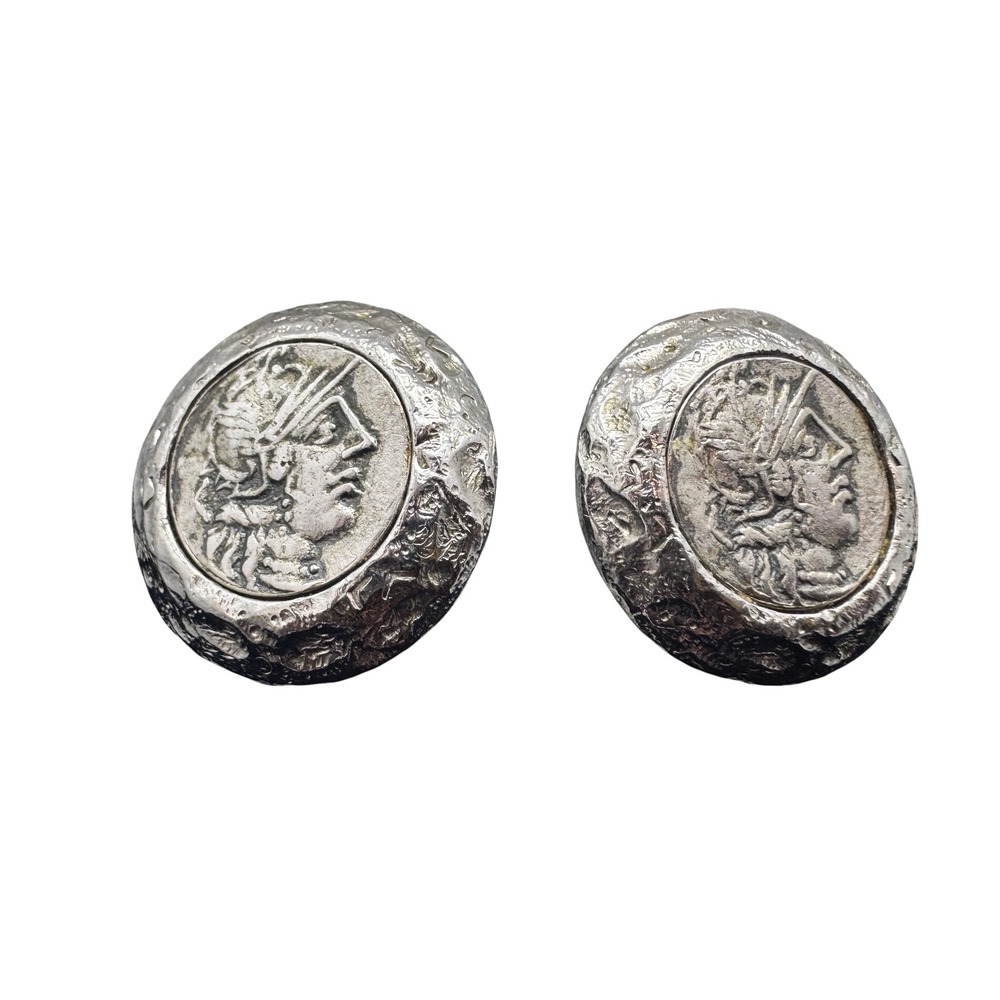Erwin Pearl Vintage Silver Tone Roman Coin Clip On Earrings Hammered Statement